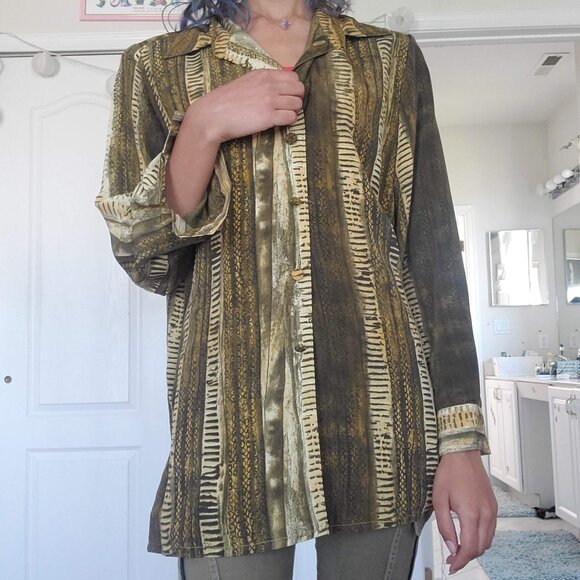 vintage! silky earthy tribal print long button down - Picture 1 of 5